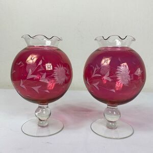2 Vtg  cranberry round vases 2 w/etched flowers on a base. 50s 60s